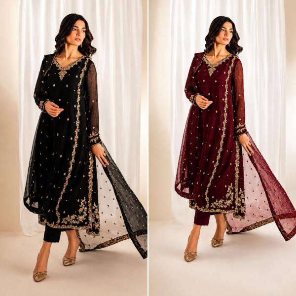 Luxury embroidered chiffon 3 piece suit
